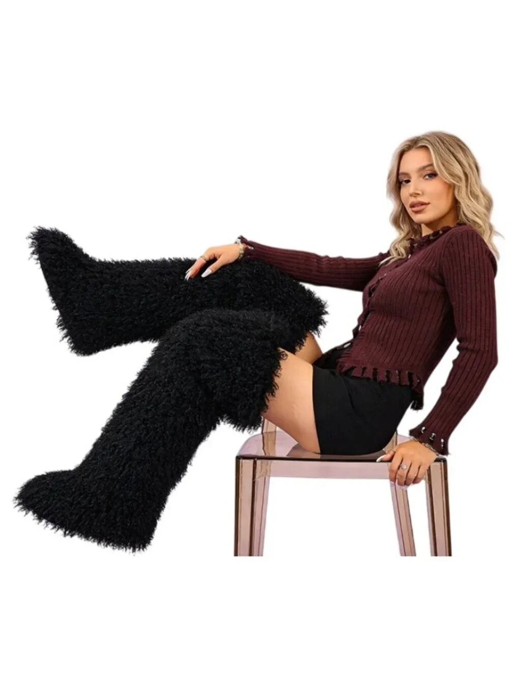 Faux Fur Over the Knee Boots Plush Lining Black 28 In Womens Size 7 Wide Calf
